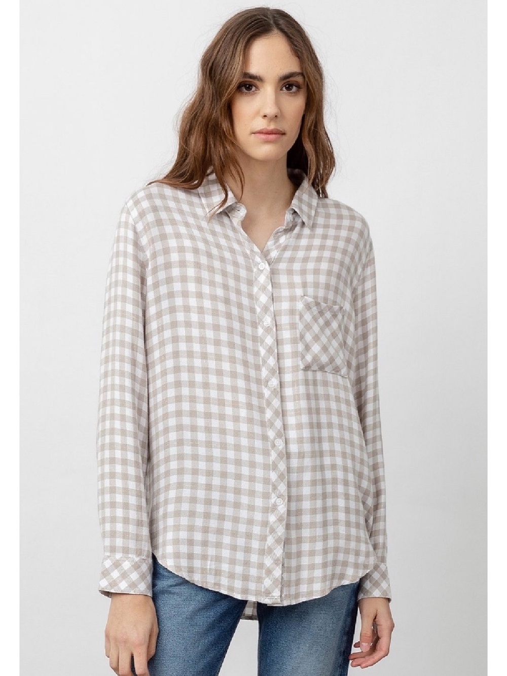 Rails Beige and White Gingham Button-Down Shirt